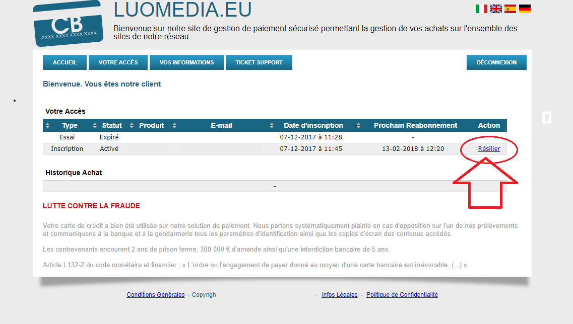 Capture d'écran de la page "votre compte" du site LUOMEDIA