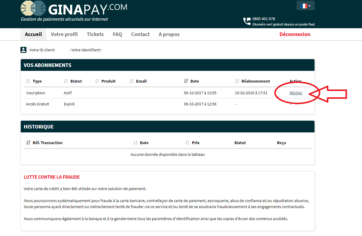 Capture d'écran de la page "votre compte" du site GINAPAY