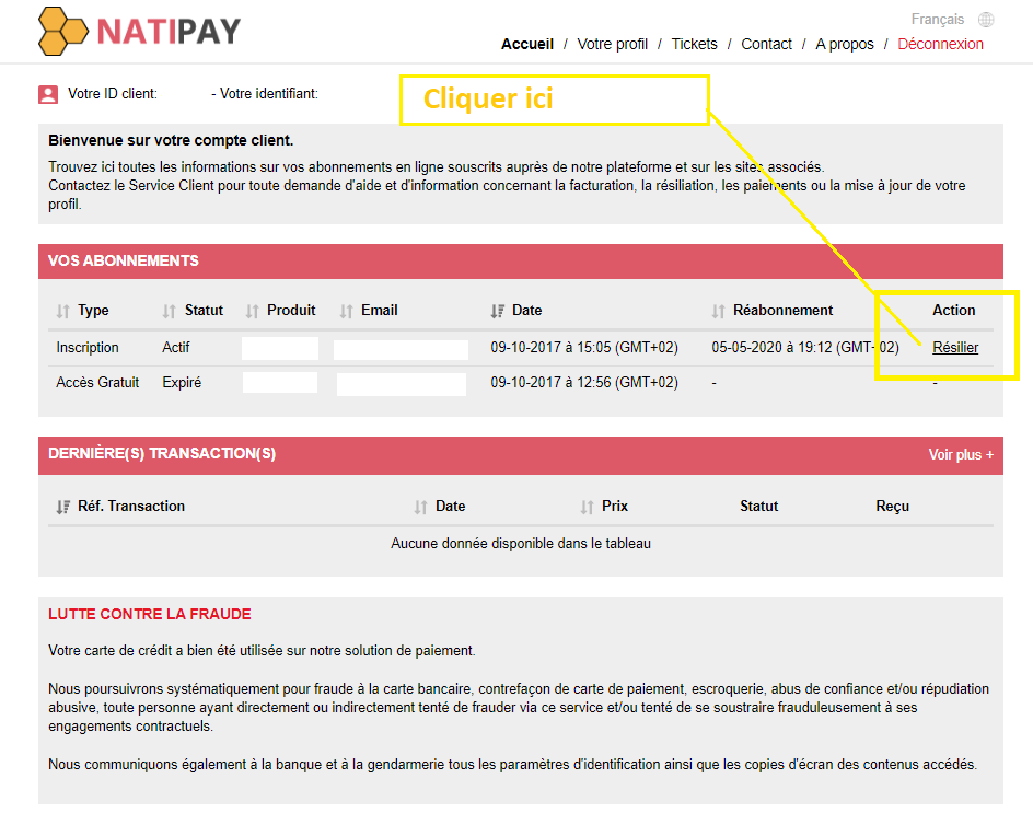 Capture d'écran de la page "votre compte" du site NatiPay